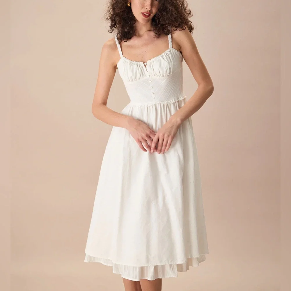 Rihoas White Ruched Slip Cotton Midi Dress - Picture 6 of 9